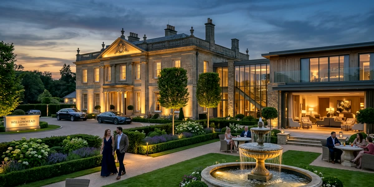 The architectural vantage of a British luxury estate resort at dusk