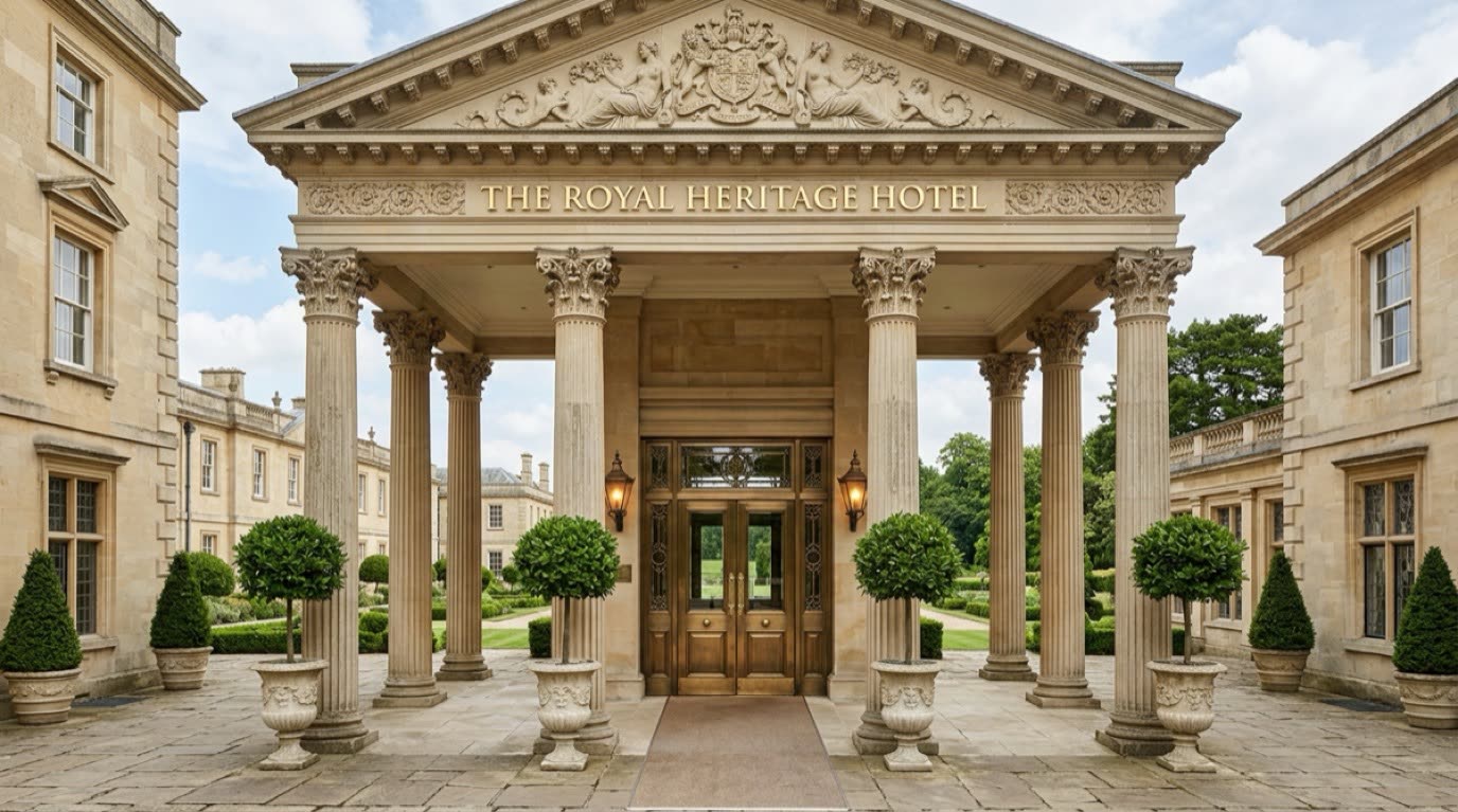 Classical Corinthian stone columns and grand entrance portico of heritage hotel in Bath