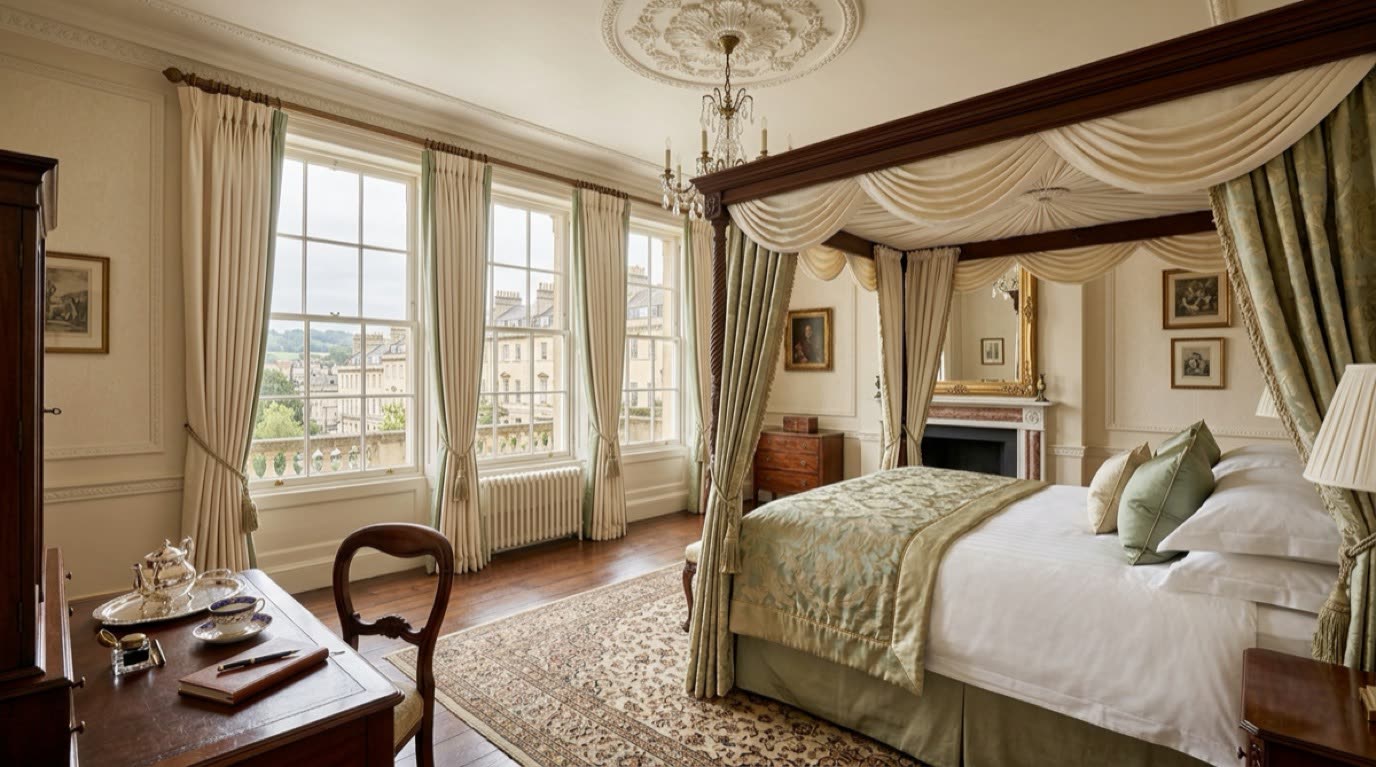 Regency Georgian bedroom suite with canopy bed and sash windows overlooking Bath heritage stone