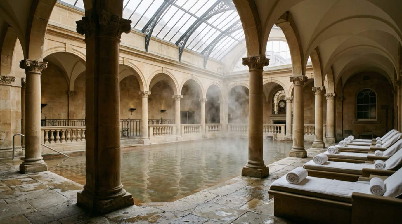 Thermal spring pool and Roman stone colonnades at The Roman Colonnade