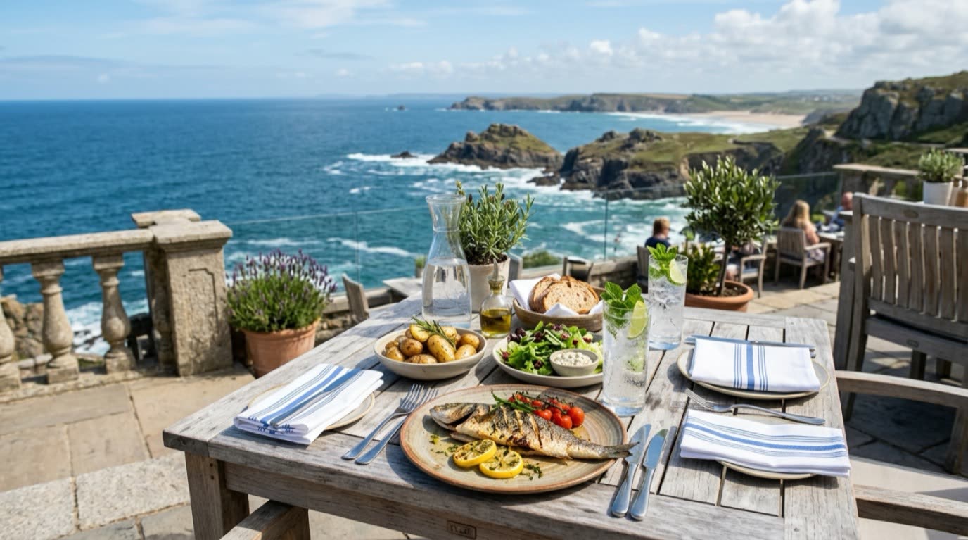 Fresh grilled sea bass and mint water served on breezy ocean terrace overlooking Cornish bluffs