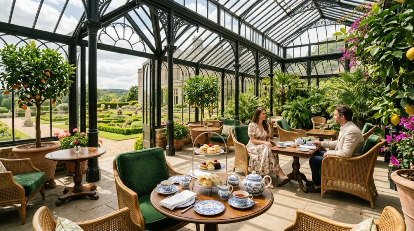 Victorian glasshouse conservatory tea lounge at The Glasshouse Orangery Resort