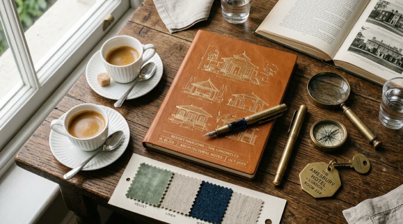 Editor desk flatlay with fountain pen, architectural notes, and espresso