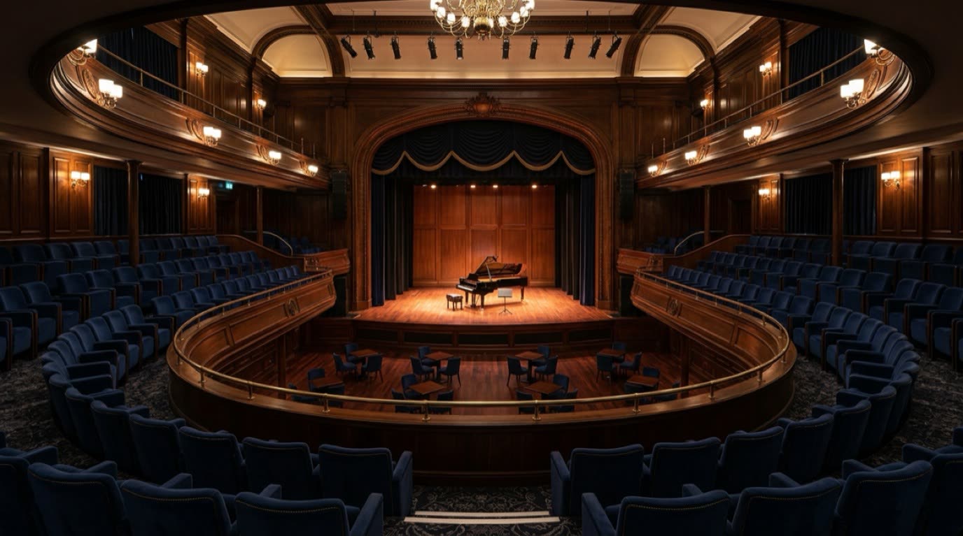 Acoustic music hall and Steinway grand piano under chandelier