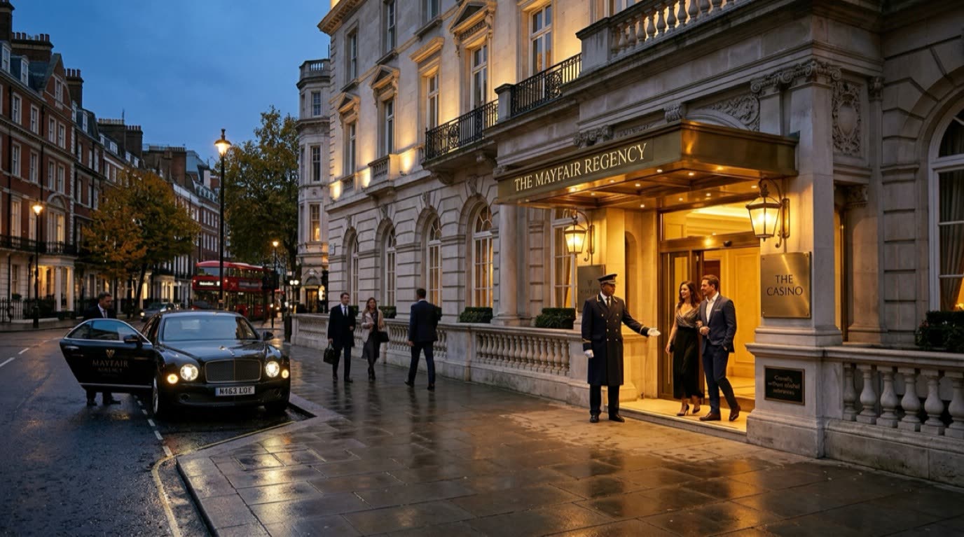 The Mayfair Regency hotel entrance with glowing lanterns and uniformed doorman