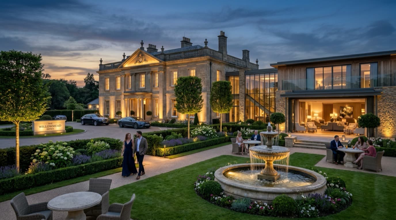 Stately British luxury resort hotel estate at dusk with illuminated fountains and manicured gardens
