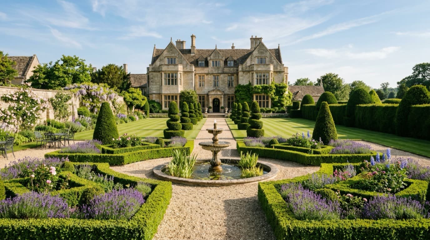 The St. Alban Manor formal gardens and limestone facade