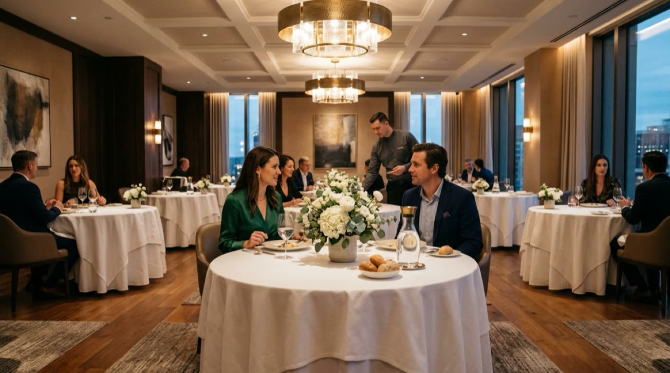 Evening fine dining at The Regency Room with white tablecloths and chandeliers