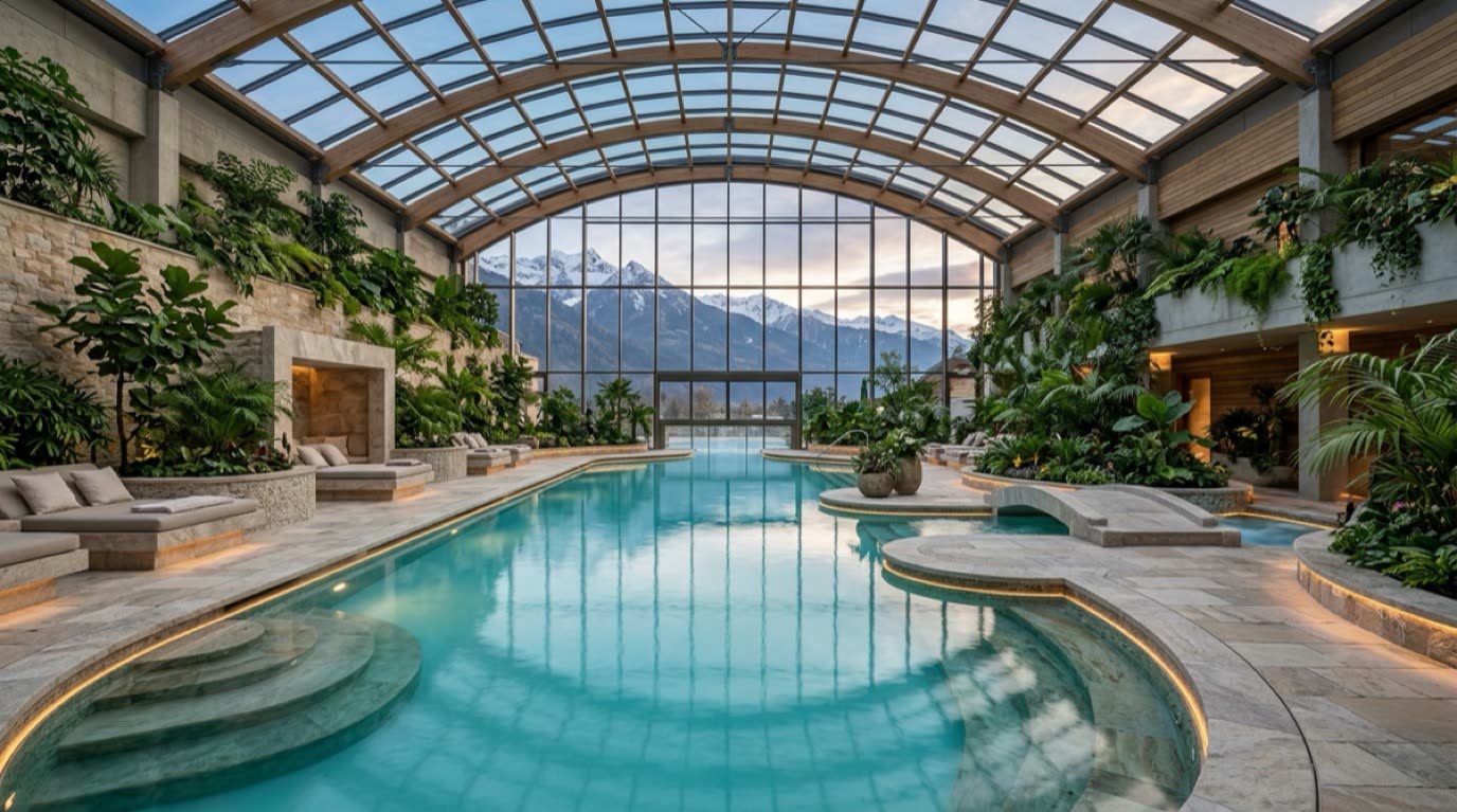 Thermal indoor hydrotherapy pool under glass vaulting