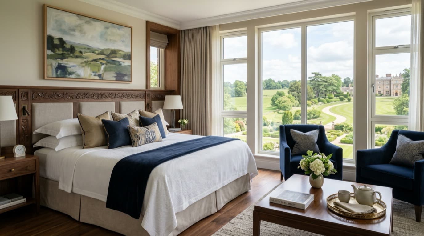 Master suite at The St. Alban Manor with king bed and view over deer park